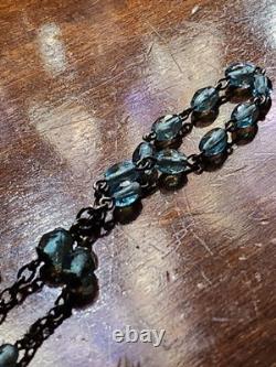 Vintage Petite Hillcraft Sterling Silver Teal Glass Rosary & Vtg Pewter Box