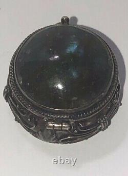 Vintage Pill Box Poison Sterling Silver Marble Glass Stone 11gr Old Pawn Antique