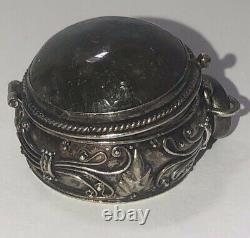 Vintage Pill Box Poison Sterling Silver Marble Glass Stone 11gr Old Pawn Antique