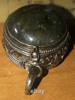 Vintage Pill Box Poison Sterling Silver Marble Glass Stone 11gr Old Pawn Antique