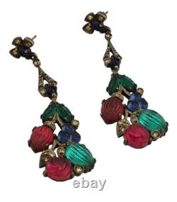 Vintage Rare 935 Sterling Silver Glass Fruit Salad Dangle Earrings (A9010)