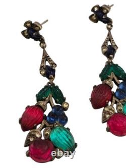 Vintage Rare 935 Sterling Silver Glass Fruit Salad Dangle Earrings (A9010)