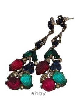 Vintage Rare 935 Sterling Silver Glass Fruit Salad Dangle Earrings (A9010)