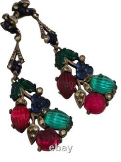 Vintage Rare 935 Sterling Silver Glass Fruit Salad Dangle Earrings (A9010)