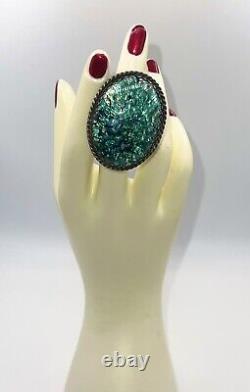 Vintage Rare Huge 925 STERLING SILVER 29.8 grams Glass Art Opal Ring Size 5