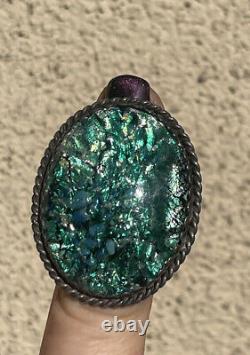 Vintage Rare Huge 925 STERLING SILVER 29.8 grams Glass Art Opal Ring Size 5