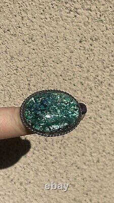 Vintage Rare Huge 925 STERLING SILVER 29.8 grams Glass Art Opal Ring Size 5