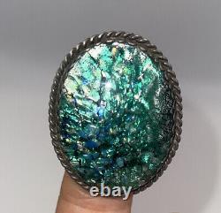 Vintage Rare Huge 925 STERLING SILVER 29.8 grams Glass Art Opal Ring Size 5