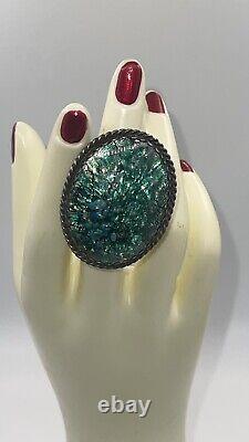 Vintage Rare Huge 925 STERLING SILVER 29.8 grams Glass Art Opal Ring Size 5
