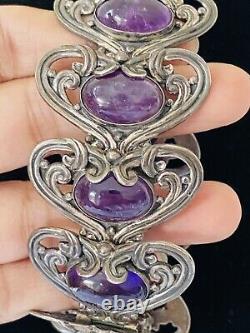 Vintage Rare Margot de Taxco 5213 Sterling Silver Amethyst Heart Link Bracelet