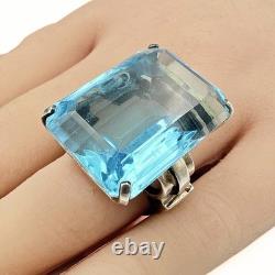 Vintage Retro Marked Rectangular Cut Blue Glass Sterling Silver Ring Sz 5.75