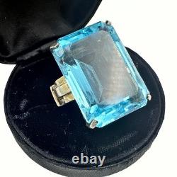Vintage Retro Marked Rectangular Cut Blue Glass Sterling Silver Ring Sz 5.75