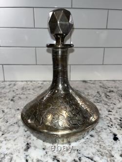 Vintage STERLING SILVER Overlay Glass Decanter Bottle Floral