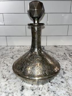 Vintage STERLING SILVER Overlay Glass Decanter Bottle Floral