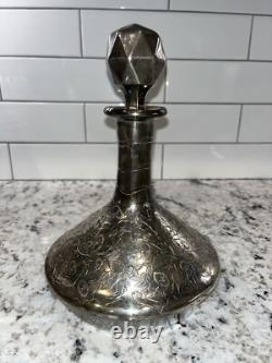 Vintage STERLING SILVER Overlay Glass Decanter Bottle Floral