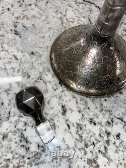 Vintage STERLING SILVER Overlay Glass Decanter Bottle Floral
