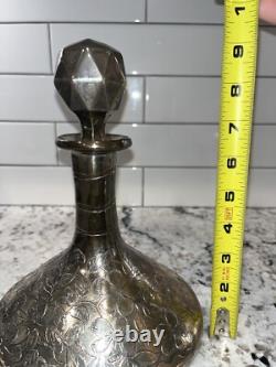 Vintage STERLING SILVER Overlay Glass Decanter Bottle Floral