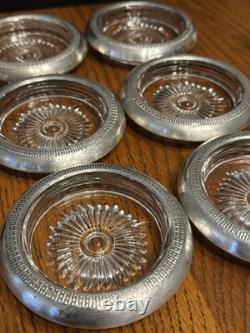 Vintage Set 6 Sterling Silver Glass Coasters Made in USA Mid Century Barware
