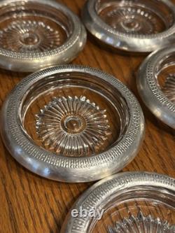Vintage Set 6 Sterling Silver Glass Coasters Made in USA Mid Century Barware