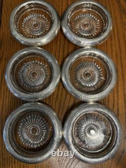 Vintage Set 6 Sterling Silver Glass Coasters Made in USA Mid Century Barware