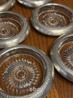 Vintage Set 6 Sterling Silver Glass Coasters Made in USA Mid Century Barware