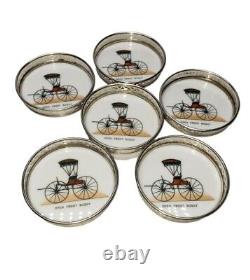 Vintage Set of Six Open Front Buggy Milk Glass Coasters with Sterling Silver Rim