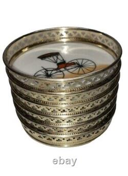Vintage Set of Six Open Front Buggy Milk Glass Coasters with Sterling Silver Rim