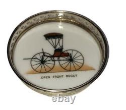 Vintage Set of Six Open Front Buggy Milk Glass Coasters with Sterling Silver Rim
