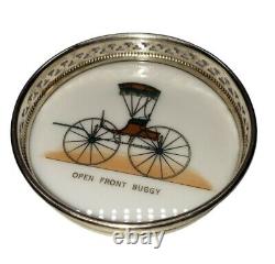 Vintage Set of Six Open Front Buggy Milk Glass Coasters with Sterling Silver Rim