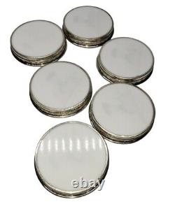 Vintage Set of Six Open Front Buggy Milk Glass Coasters with Sterling Silver Rim