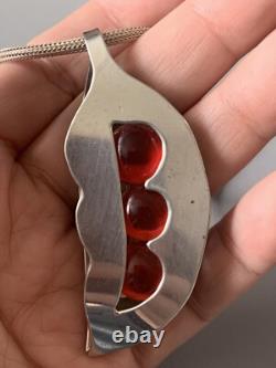 Vintage Signed MR Sterling Silver Modernist Pendant Necklace Poured Glass Peapod