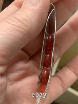 Vintage Signed MR Sterling Silver Modernist Pendant Necklace Poured Glass Peapod