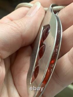 Vintage Signed MR Sterling Silver Modernist Pendant Necklace Poured Glass Peapod