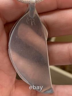Vintage Signed MR Sterling Silver Modernist Pendant Necklace Poured Glass Peapod