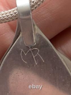 Vintage Signed MR Sterling Silver Modernist Pendant Necklace Poured Glass Peapod