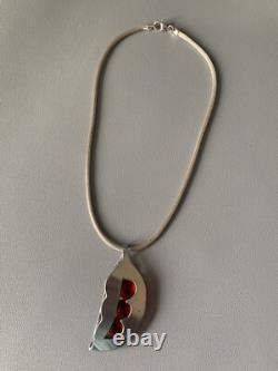 Vintage Signed MR Sterling Silver Modernist Pendant Necklace Poured Glass Peapod