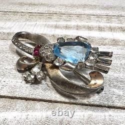 Vintage Signed Mazer Sterling Silver 925 Aqua Red Crystal Lantern Bow Pin Brooch