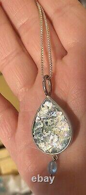 Vintage Signed Sterling Silver Roman Art Glass Teardrop Pendant Necklace