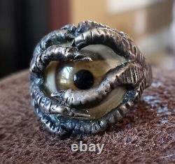 Vintage Silver Brown Glass Eye Eyeball Ring Size 13 Evil Eye Talons Claws Kali