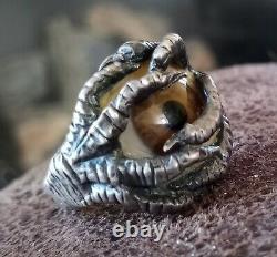 Vintage Silver Brown Glass Eye Eyeball Ring Size 13 Evil Eye Talons Claws Kali