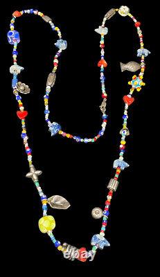 Vintage Southwest Sterling Silver Charm Beaded Necklace Gemstone Art Glass