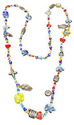 Vintage Southwest Sterling Silver Charm Beaded Necklace Gemstone Art Glass