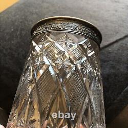 Vintage Soviet 10.5 Cylinder Vase Cut Crystal Glass Sterling Silver 875 USSR