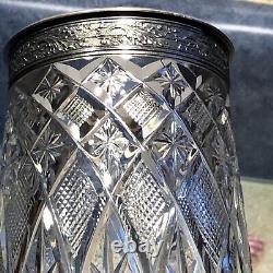 Vintage Soviet 10.5 Cylinder Vase Cut Crystal Glass Sterling Silver 875 USSR