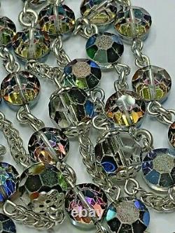 Vintage Sterling Aurora Borealis Octagon Glass Rosary 32 Necklace 56 Grms
