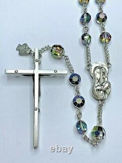 Vintage Sterling Aurora Borealis Octagon Glass Rosary 32 Necklace 56 Grms