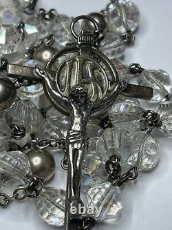 Vintage Sterling Aurora Borealis Octagon Glass Rosary 36 Necklace 67 Grms