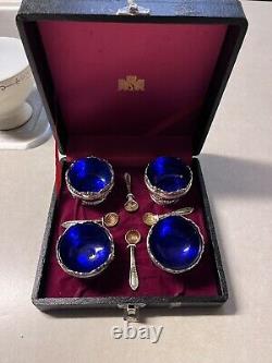 Vintage (Sterling Silver) 1950s Japanese Tea Set 4X Cobalt Blue Glass 4X Spoons
