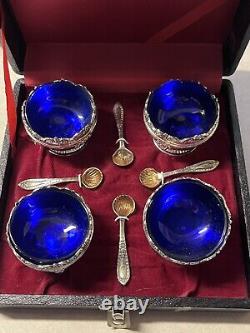 Vintage (Sterling Silver) 1950s Japanese Tea Set 4X Cobalt Blue Glass 4X Spoons