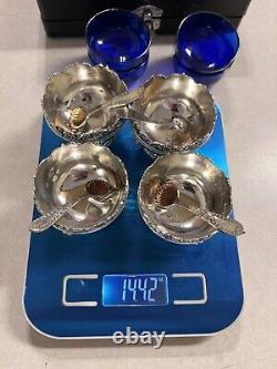 Vintage (Sterling Silver) 1950s Japanese Tea Set 4X Cobalt Blue Glass 4X Spoons